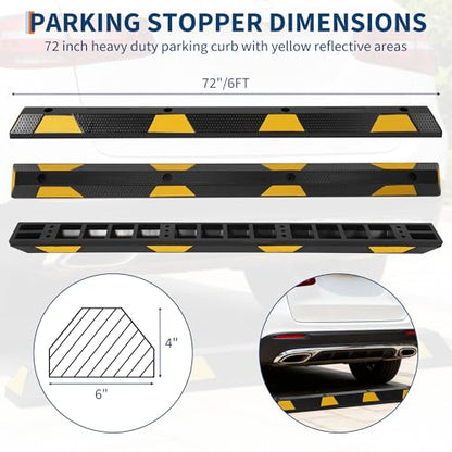 2 Pack 72" Heavy Duty Rubber Parking Curb – 55,000 lb Capacity Wheel Stopper with Reflective Stripes for Garage, Driveway & Truck Parking Protection