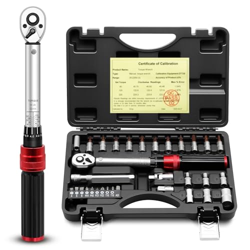 1/4inch Drive Torque Wrench Set, 32-Piece 20-220 in.lb (2.3-25 Nm) Click Bicycle Torque Wrench with Bit Sockets, 0.1 Nm Micro, 72-Tooth Ratchet, 3/8 Adapter, for MTB, E-Bike, Motorcycle - size: 10-220 In.Lb, style: 1/4-Inch