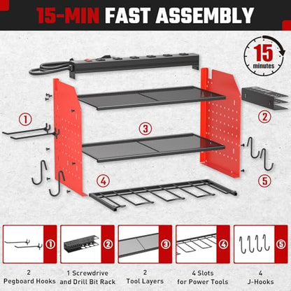 ZESEN Power Tool Organizer with Charging Station, Heavy Duty 3 Layer Drill Holder Wall Mount Garage Shelf Rack with 6 Outlet Power Strip, Tool Shelf with Hooks, Drill Bit Rack for Garage, Red - color: Red