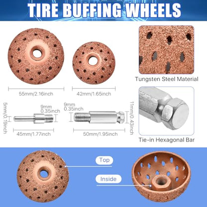 Supkiir Tire Repair Patch Tools Tire Buffing Wheels, 42 mm 55mm Tungsten Steel Buffing Wheel and 6mm Tire Patch Roller with Scraping Cutter for Car Truck Tire Grinding Polishing Accessories Kit