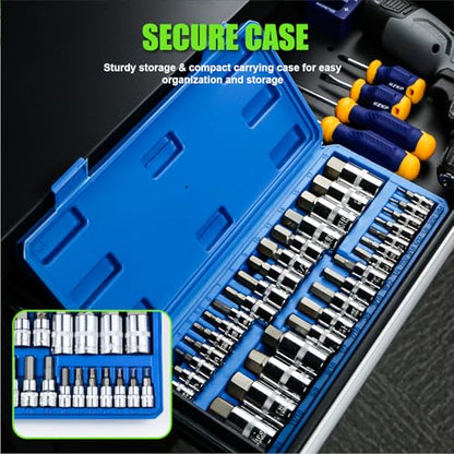 SUNHZMCKP 32 Piece Allen Socket Set, 1/4", 3/8", & 1/2" Drives Hex Bit Socket Set, Include Complete SAE and Metric Size Socket Set, S2 & Cr-V Steel and Enhanced Storage Case