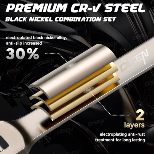 DISEN Upgraded Double Jointed Extra Long Flex Head Ratchet Wrench Set, 6 PCS Metric 8-19mm Box End Ratcheting Wrench set with Magnetic Pickup Tool, 72-Teeth, Cr-V Steel,12 Point, Grey Nickel - size: Double Jointed Set (Black Nickel)