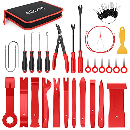 Nilight 40Pcs Auto Trim Removal Tool Set,Car Panel Audio Removal Tool, Clip Plier Upholstery Remover Removal Tool, Precision Hook and Pick Set,Car Film Scraper - color: Red, size: 40Pcs