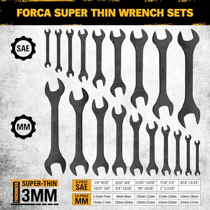 ELEAD 19-Piece Super-Thin Open End Wrench Set, Metric 5.5–27 mm & SAE 1/4"-1-1/16", CR-V Nickel Plated, 3 mm Thickness Ultra-Slim Wrench Set for Tight Spaces, Durable Roll-Up Pouch for Mechanics - color: 19-piece Super-thin Metric&sae Black
