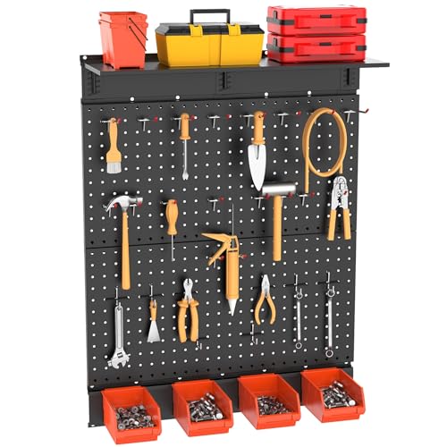 TORACK Garage Metal Pegboard with Accessories, Tools Organizer Peg Board with Pegboard Hooks, Wall Mounted Bins, Tool Storage Pegboards for Wall(Black) - color: Black
