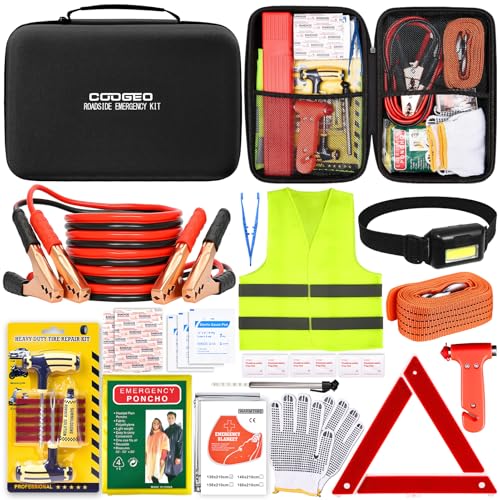 15PC Car Emergency Kit with Jumper Cables, Roadside Assistance Safety Kit for Auto & Truck, Includes Safety Hammers, Tow Strap, Warning Triangle, First Aid, Gifts for Young Men or Women, Black - color: Black, size: 15 Pcs