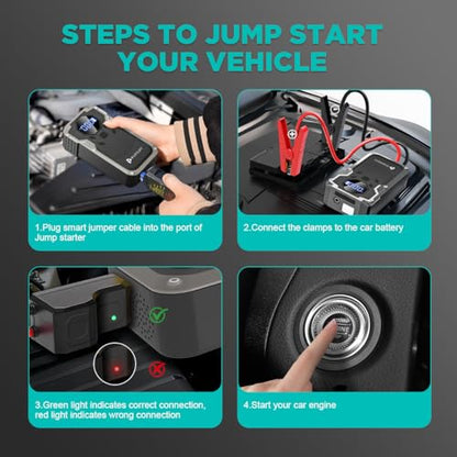 Jump Starter with Air Compressor, 2000A Peak Car Battery Booster(8L Gas/6L Diesel), 150PSI Tire Inflator Portable 12V Jump Box Car Battery Jumper Starter with Jumper Cable, LED Lights, LCD Display