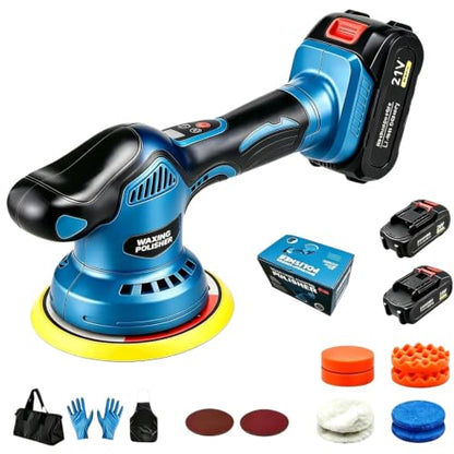 21V Cordless Car Buffer Polisher, 5500RPM 8-Speed Variable Dual Action Polisher, Complete Car Buffers and Polishers Kit with 2x 2.0Ah Battery, Car Polishing Kit for Auto Detailing, Waxing
