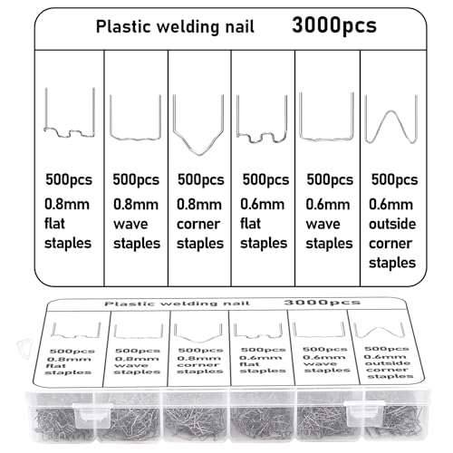 3000 PCS Plastic Welding Staples with Storage Box, 6 Different Shapes Hot Staples for Repair All Car Bumpers Cracks Daily Plastics Welder Supplies