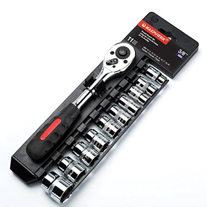 MAXPOWER 11-Piece 3/8" Ratcheting Socket Wrench Set Quick Release Reversible Ratchet Handle and Swappable Spanners Sockets with Hanging Rack - color: Metric 3/8" Drive