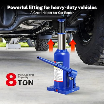 8T Bottle Jack with Tire Kit, Chock & Cross Wrench, 16K lbs | Heavy-duty 8-ton jack , tire kit , chock and cross wrench. 8.98"-17.24" lift. Welded steel. Portable. - color: 8 Ton with Tire Kit + Wheel Chock + Cross Wrench