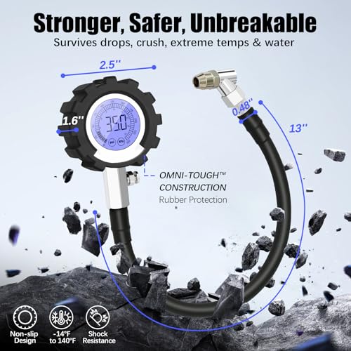 Digital Tire Pressure Gauge, 3-250 PSI Tire Gauges with Easy Read Extra-Large Backlit LED Screen for Car, Truck, Motorcycle, Bicycle Tire Pressure, Calibrated to ANSI B40.7 Grade 2A