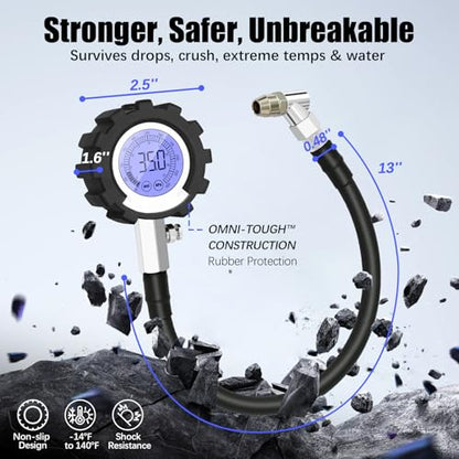 Digital Tire Pressure Gauge, 3-250 PSI Tire Gauges with Easy Read Extra-Large Backlit LED Screen for Car, Truck, Motorcycle, Bicycle Tire Pressure, Calibrated to ANSI B40.7 Grade 2A