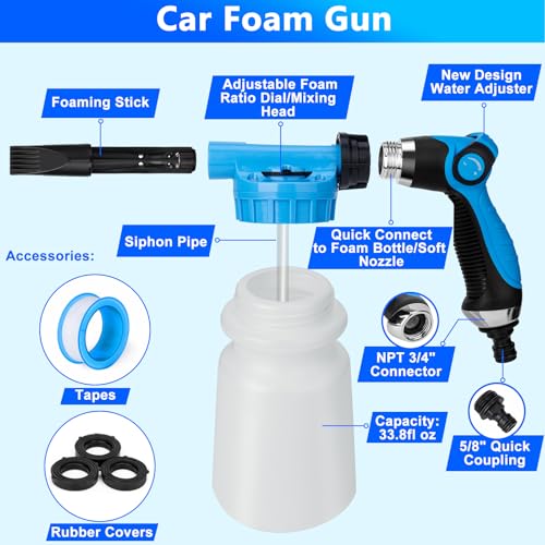 THINKWORK Car Wash Kit with Foam Gun, Extendable Mop & Collapsible Bucket | Adjustable Spray, Complete Car Detailing Kit, Soft Microfiber, Scratch-Free Paint Protection, Car & Home Use, Great Gift - color: Blue(33PCS)