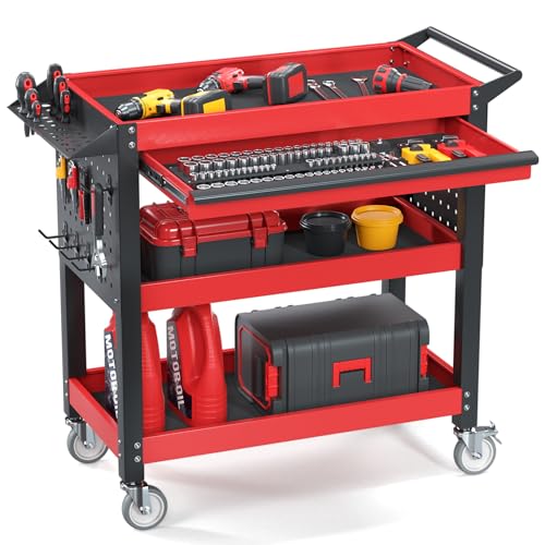 3-Tier Heavy Duty Metal Rolling Tool Cart with Drawers, Red Black | 660 Lbs Capacity, Pegboards, Locking Casters, Industrial Utility, For Mechanics, Garage, Workshop & Warehouse Storage - color: Red Black With Drawers