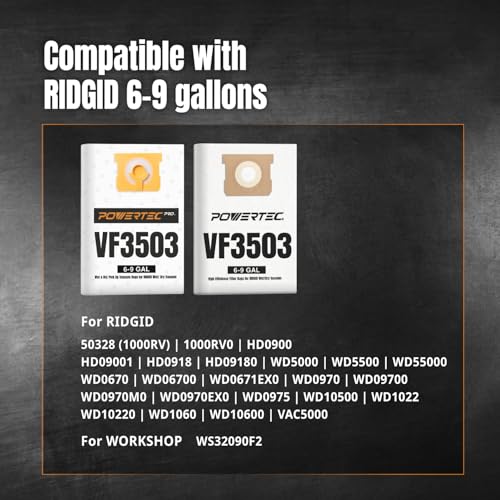 POWERTEC VF3503 Size B Shop Vac Bags Set for Ridgid 4 Pack for Wet + Dry Pickup, 6-9 Gal. Water Resistant & Dry Debris Dust Bags Set (2 of each) for Ridgid HD9000 & Workshop WS32090F2 Wet Dry Vac - size: VF3503 (Size B), style: Wet & Dry Use Set (4PK)