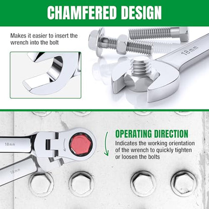 SK Flex-Head Ratcheting Wrench Set, Combination Wrench Set, 12-Piece, Metric 8 to 19mm, 72-Tooth, Premium CR-V Construction, with Rack Organizer - size: Metric