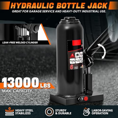 6-Ton Automotive Welded Hydraulic Bottle Jack for Vehicle Repairs, Pickups, & Trucks, Featuring a Manual Handle - 13228 lbs Capacity CAAP-TOLS-BJK-6T-BK