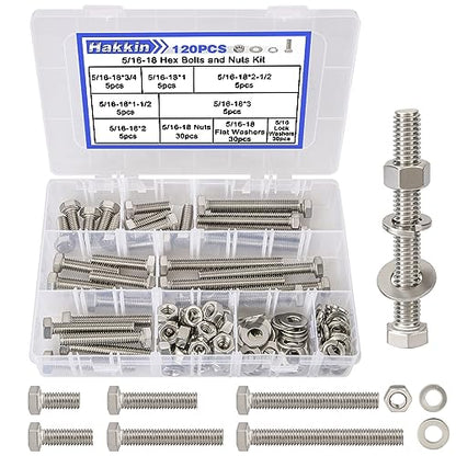 120PCS 5/16-18 Hex Bolts and Nuts Kit, Stainless Steel 5/16" Nuts and Bolts Assortment Kit, Flat & Lock Spring Washers Set Screw Assortment Kit, Machine Screws Set with Storage Case - size: 120PCS 5/16-18 Hex Bolts Silver