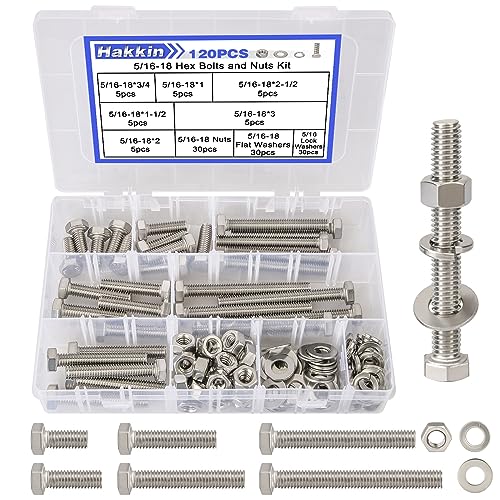 120PCS 5/16-18 Hex Bolts and Nuts Kit, Stainless Steel 5/16" Nuts and Bolts Assortment Kit, Flat & Lock Spring Washers Set Screw Assortment Kit, Machine Screws Set with Storage Case - size: 120PCS 5/16-18 Hex Bolts Silver
