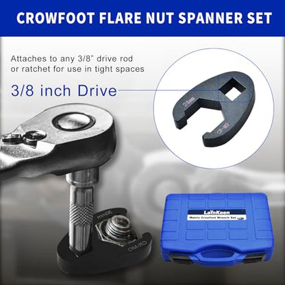LainKeen 25pcs Crows Foot Wrench Set 1/2" and 3/8” Drive Flare Nut Crowfoot Set Metric 8-32mm 6 Point Crows Feet Wrenches with Extension Bar, Wrench Kit for Removing Nuts from Hard-to-Reach Areas