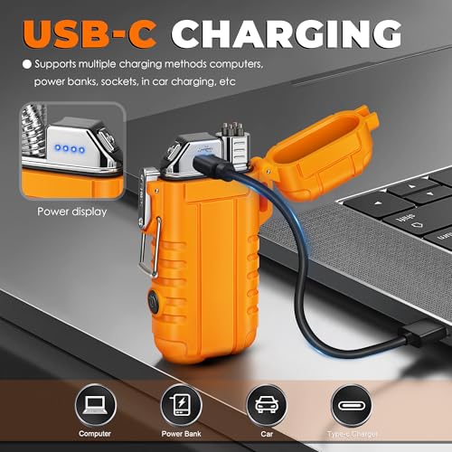 Lafagiet Electric Lighter USB C, Powerful Dual Arc Plasma Flame, with Flashlight, Wind & Waterproof Lighters for Candle, Camping, Grill, Emergency - color: F53-or