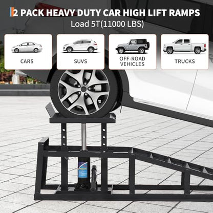 2PCS Hydraulic Car and Truck Service Ramps,11000 Lbs (5 Tons) Capacity, Low Profile Car Lift Service Ramp for Oil Changes, Adjustable Lift Height 9.8" to 16.21", Home,Vehicle Auto Garage (Black 5T) - color: Black 5t