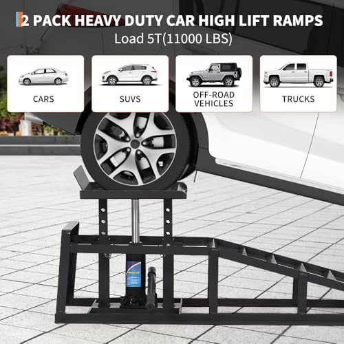 2 Pack Hydraulic Car and Truck Service Ramps,Low Profile Car Lift Service Ramps for Oil Changes,11000 Lbs (5 Tons), Adjustable Lift Height 9.8" to 16.21", Home Garage,Vehicle Auto Garage - color: Black