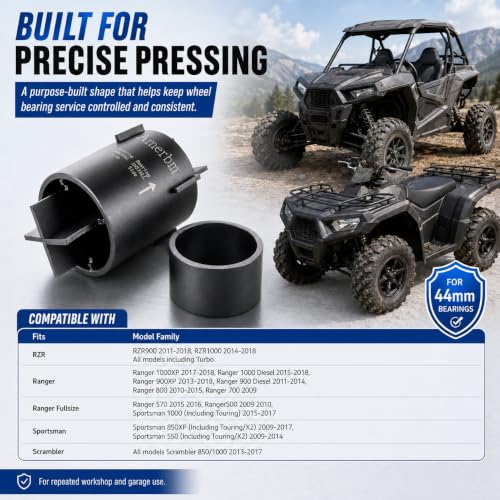 Wheel Bearing Press Tool for Polaris RZR Ranger Sportsman 40mm 44mm | Tabs lock into knuckle grooves, pressing the outer race only &Fits 40mm & 44mm bearings, front & rear, RZR Ranger Sportsman