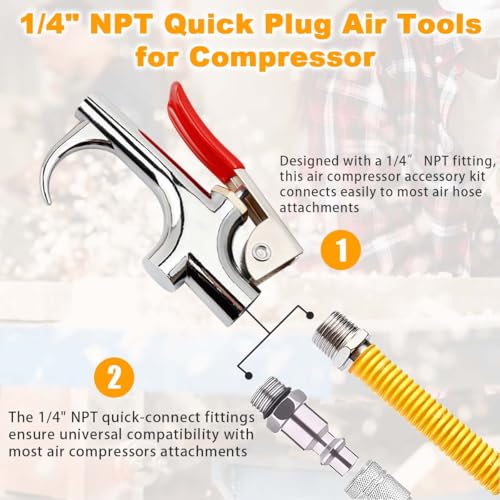 7PCS Air Compressor Accessories Kit, 1/4" NPT Quick Connect Air Tool Set for Compressor, Includes Blow Gun, Extension Nozzle, Rubber Tip, Inflation Needles & Adapter – Alloy Construction