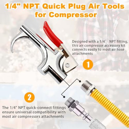 7PCS Air Compressor Accessories Kit, 1/4" NPT Quick Connect Air Tool Set for Compressor, Includes Blow Gun, Extension Nozzle, Rubber Tip, Inflation Needles & Adapter – Alloy Construction