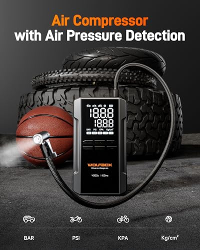 WOLFBOX MV24A 4000A Jump Starter with 160PSI Air Compressor, 12V Car Battery Booster, 88.8Wh Portable Jump Box (10L Gas/10L Diesel) with 65W Fast Charging, Tire Inflator, Jumper Cables, LED Light - size: 4000A