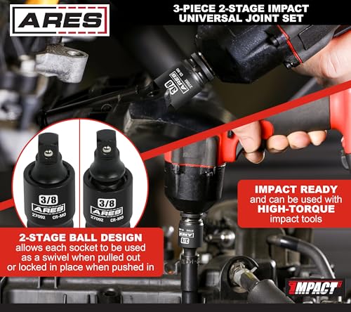 ARES 27027-3-Piece 2-Stage Impact Universal Joint Set – 2-Stage Ball Spring Design Changes Socket from Swivel to Fixed Position - 1/4-Inch, 3/8-Inch and 1/2-Inch Drive - size: 1/4-Inch, 3/8-Inch, 1/2-Inch 2-Stage Set