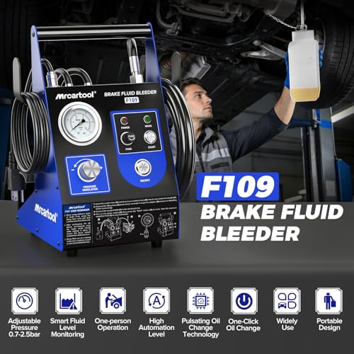 F109 Automatic Brake Bleeder Kit 110V Electric Brake Fluid Bleeder 0.7~2.5 Bar Vacuum Brake Pressure Bleeder One Person Pneumatic Fluid Extractor Tool with 3 Master Cylinder Adapter for Toyota Honda