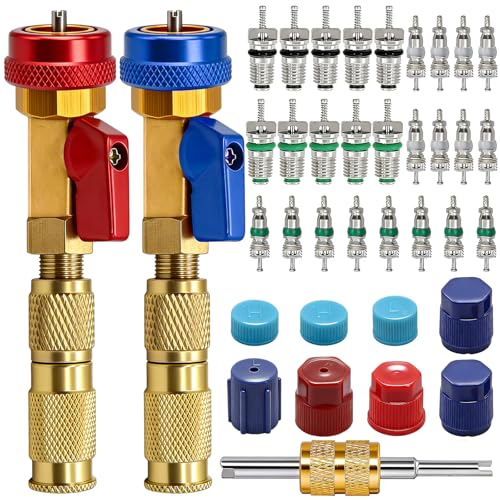 TWTADE R134A Valve Core Quick Remover Installer Tool Kit - High Low Pressure Car A/C Valve Core Removal Tool, Schrader Valve Stem Cores & Seal Caps for R12 R134a Refrigeration Air Conditioner System - color: Blue - 37pcs