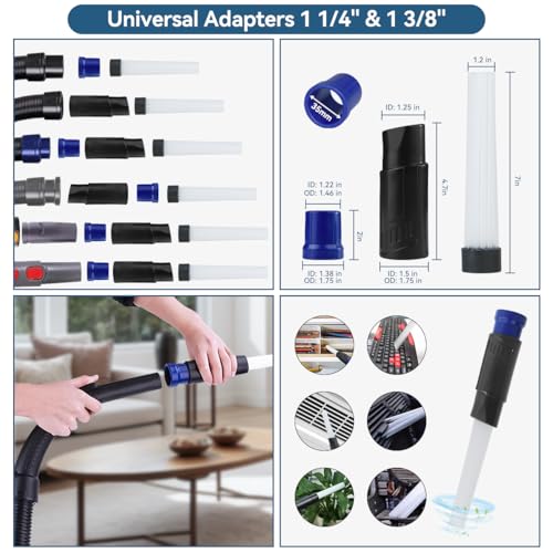 Universal Vacuum Attachments for Shop Vac, 2 1/2" to 1 1/4" Vacuum Hose Adapter, 1 7/8" to 1" Adapter Dust Brush Extension Wand Flexible Crevice Tool Attachment Kits for Shop Vac Accessories