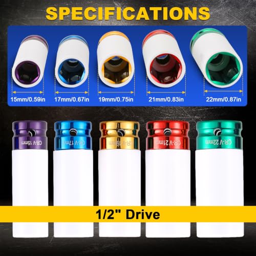 DASBET 1/2'' Drive 5Pcs Wheel Lug Nuts Socket Set | Wheel Protector Impact Socket, Impact Lug Nut Socket Set, Deep Non-Marring Thin Wall Impact Socket Set, Color-Coded Metric 15mm 17mm 19mm 21mm 22mm
