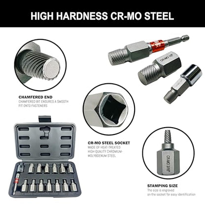 Greywolf 15 pcs Screw Extractor Set with 3/8 Inch Drive, Hex Head Multi-Spline Screw Easy Extraction Bolt Extractor Kit, Broken Bolt Extractor for Removing Broken, Rusted Bolts and Screws - size: 15