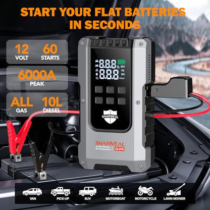 6000A Jump Starter with Air Compressor 160PSI 12V for All Gas/10L Diesel | Portable Car Battery Fast Charge Jump Starter, Jump Box with 3 Modes Flashlight and Jumper Cables Pack with Carries Case