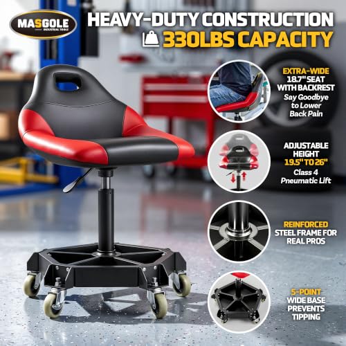 Rolling Shop Stool with Wheels, 330LBS Capacity Garage Mechanic Stool Seat with Backrest and Tool Tray Storage for Workshop, Pneumatic Adjustable Height Heavy Duty Garage Chair for Work, Red