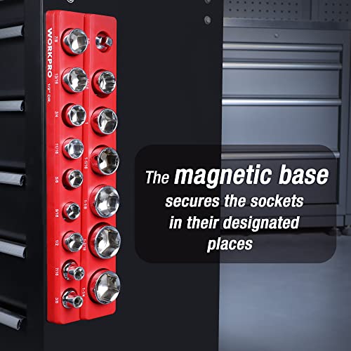 WORKPRO Magnetic Socket Organizer, 1/2-Inch SAE Socket Holder | Hold 16-Piece Sockets, Suitable for Standard and Deep Socket, Magnetic Base, No Scratches Installation, Sockets not Included - size: 1/2" DR - SAE