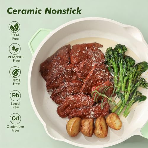 SENSARTE Nonstick Ceramic Skillet with Lid 12-inch/5QT, Non Toxic Deep Frying Pan, Saute Pan with Lid, Stay-cool Handle, Healthy Cooking Pot Dishwasher Safe, Induction Compatible, Green - color: Mint Green, size: 12-inch/5QT