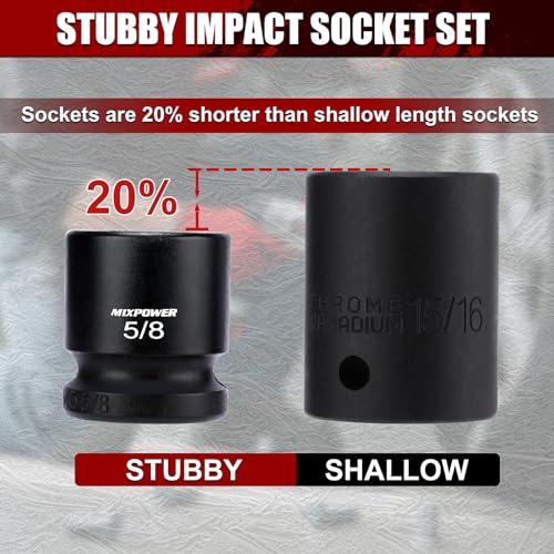 MIXPOWER 11-Piece 1/2" Drive Stubby Impact Socket,CR-MO,3/8"-1",6-Point,SAE,Radius Corner Design, Axle Nut Impact Grade Socket for Easy Removal - size: 1/2" Drive / SAE Set