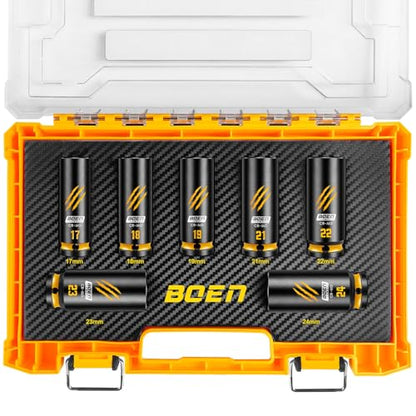 BOEN 7-Piece 1/2" Drive Impact Socket Set, Deep Metric Lug Nut Socket Set (17, 18, 19, 21, 22, 23, 24 mm), CR-MO Steel, Deep Embossed and Painted Marking, 6-Point Design