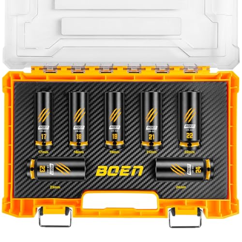 BOEN 7-Piece 1/2" Drive Impact Socket Set, Deep Metric Lug Nut Socket Set (17, 18, 19, 21, 22, 23, 24 mm), CR-MO Steel, Deep Embossed and Painted Marking, 6-Point Design