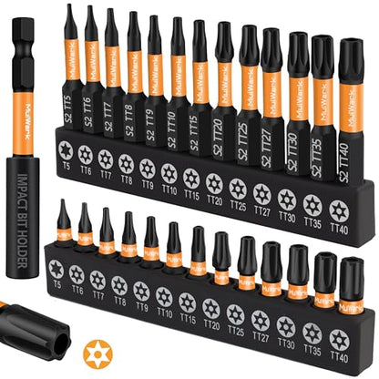 MulWark Torx Security Bit Set, 27 Pieces (T5–TT40) – Precision Tamper-Proof Star Bits with Smooth Edges, 1/4" Hex Shank, and Magnetic Holder – Christmas Gift for DIY & Repair Projects - style: 2" & 1" Torx Bits Set 27 PCs (T5-TT40)