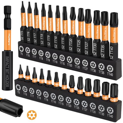 MulWark Torx Security Bit Set, 27 Pieces (T5–TT40) – Precision Tamper-Proof Star Bits with Smooth Edges, 1/4" Hex Shank, and Magnetic Holder – Christmas Gift for DIY & Repair Projects - style: 2" & 1" Torx Bits Set 27 PCs (T5-TT40)