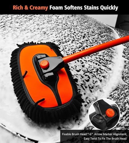 YeewayVeh 55" Car Wash Brush Mop, Extendable Long Handle, Orange | 15° Curved Extension Pole, Extra Microfiber Mop Head, Scratch-Free Auto Cleaning Kit for Truck, SUV & RV - color: Orange