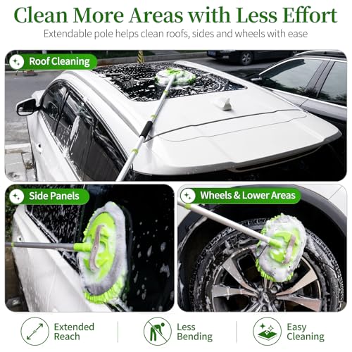 Car Wash Brush with Long Handle - 62" Car Wash Kit with Chenille Microfiber Cleaning Brush, Car Washing Mop with 3 Replacement Mitts, Scratch-Free Scrub Washer Wand for Vehicles, RV, Truck Green - color: Green