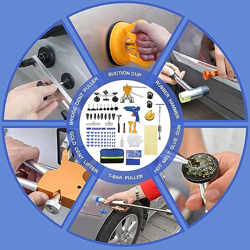 97PCS Auto Body Dent Repair Tool Kit, Paint-Friendly Dent Repair Kit with Golden Lifter, Slide Hammer T-bar Dent Puller, Bridge Puller, Suction Cup and Glue Gun for Car Dent Remove Tools Kit